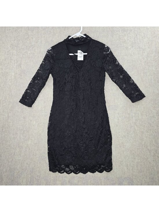 Ambiance Dresses & Skirts - Ambiance  Womens Lace Black Midi Dress Size M Semi Sheer Bodycon Long Sleeves